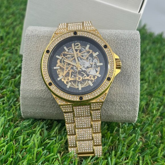 Pre-owned Lennox Pave Gold Black Automatic Skeleton Mens Watch Mk9151 - Picture 1 of 5